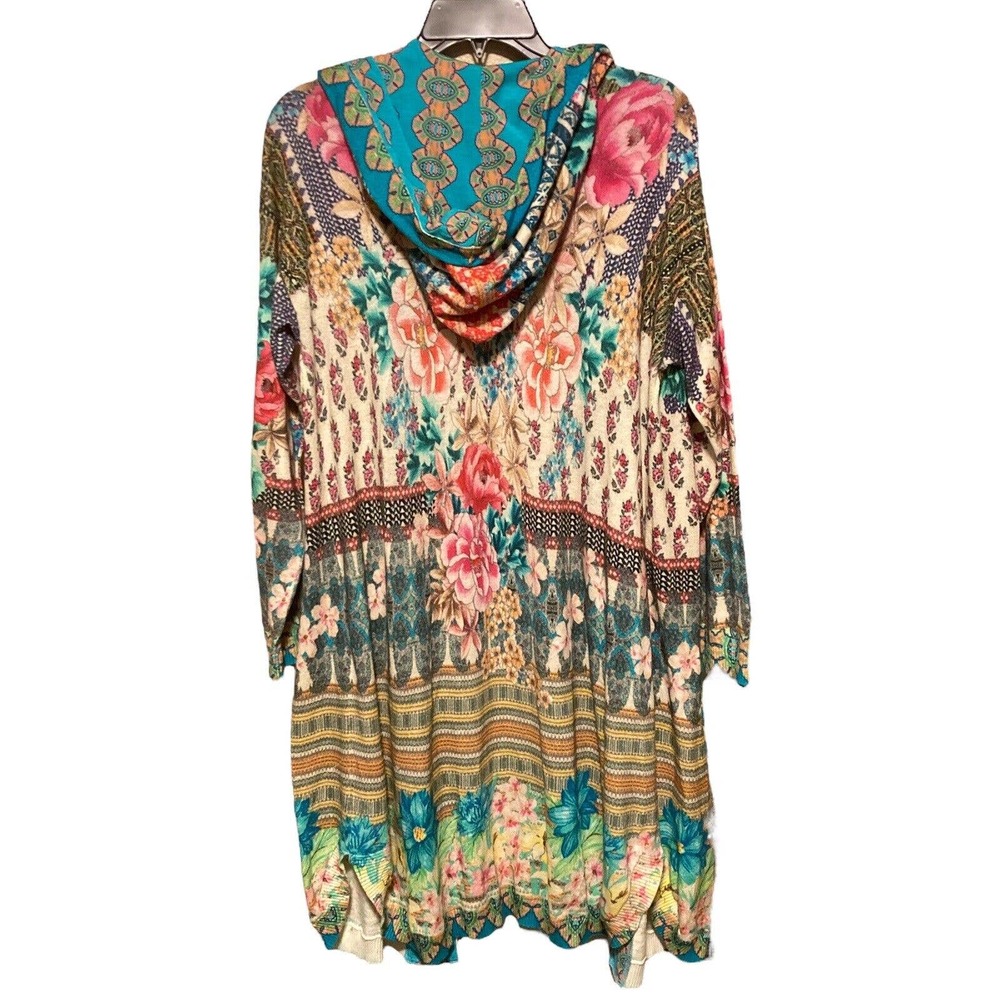 Johnny Was Multicolor Floral Patchwork Hooded Cardigan - Turquoise, Pink, Yellow - Picture 10 of 14